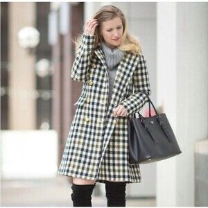 J Crew Plaid Oxford Long Wool Pea Coat Gold Buttons Black Gold Ivory Multi Sz 2